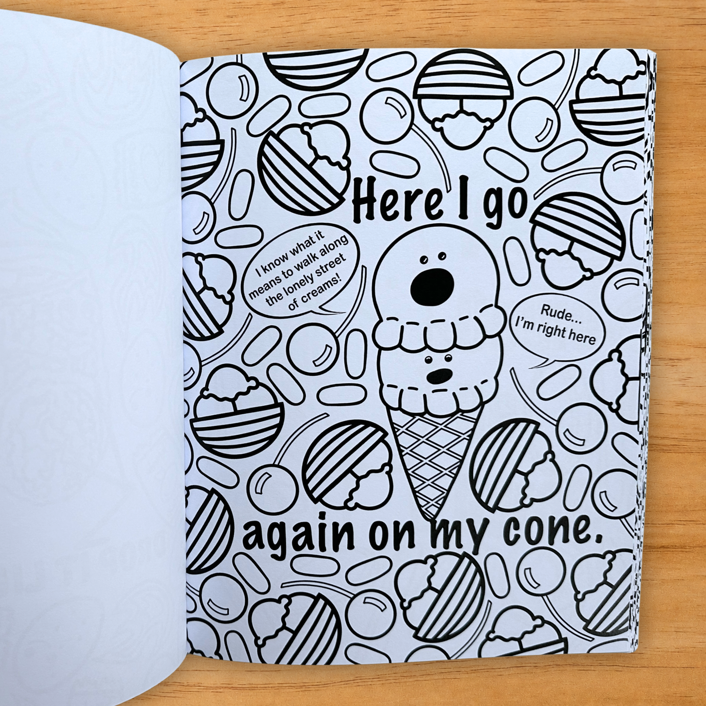 Here I Go Again on My Cone ice cream pun coloring page from adult coloring book
