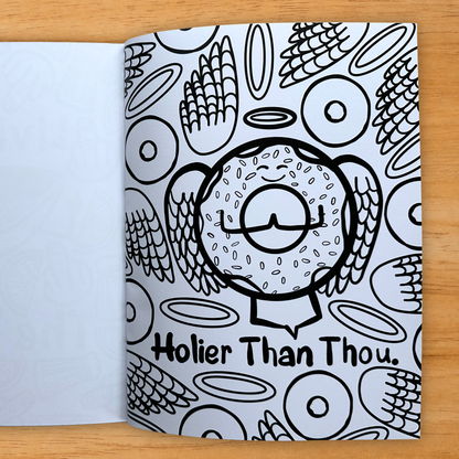 Holier Than Thou donut pun coloring page from adult coloring book