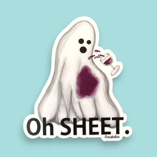 Oh Sheet 3" Vinyl Ghost and Wine Pun Sticker - Punaballoo