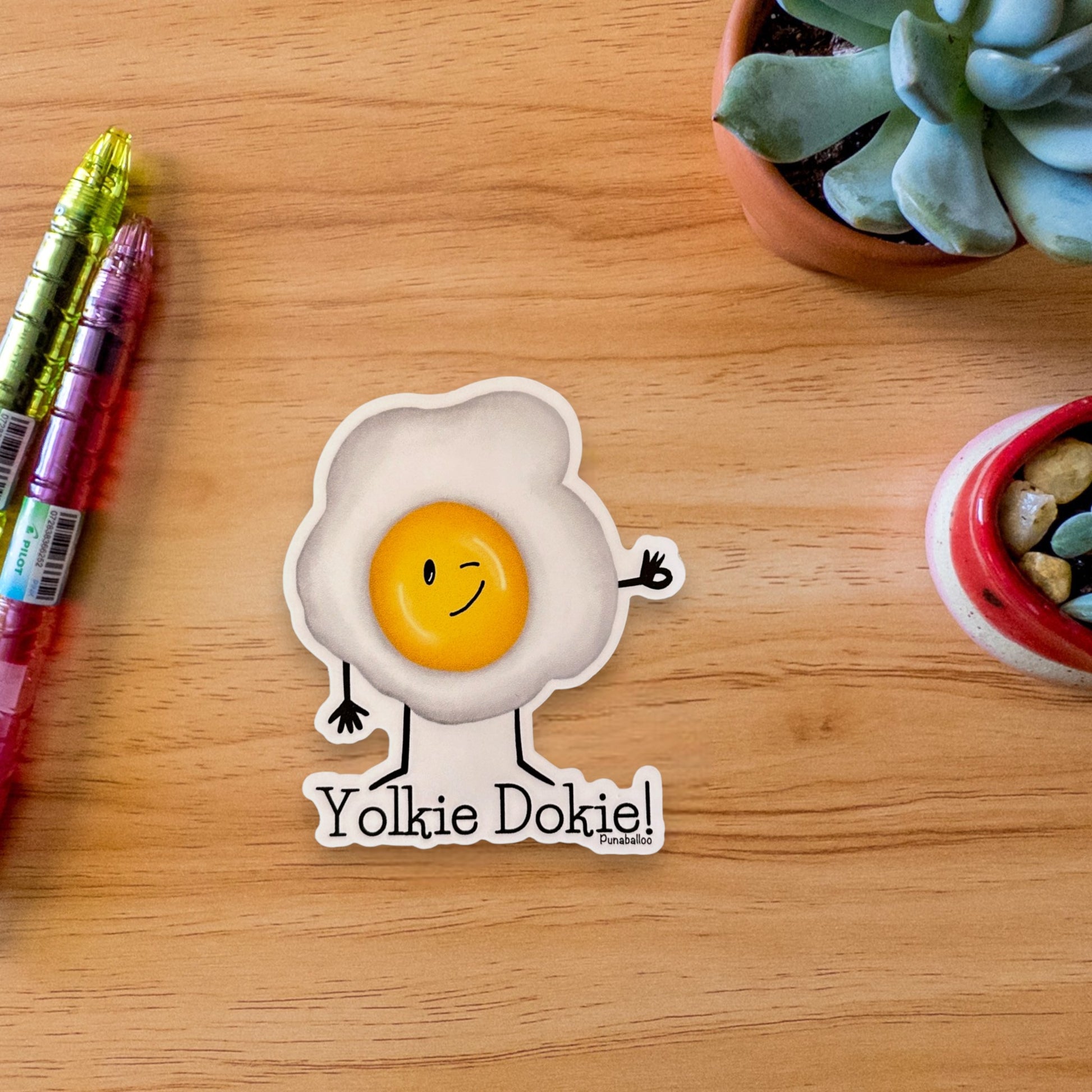 Yolkie Dokie 3" Waterproof Egg Pun Sticker - Punaballoo