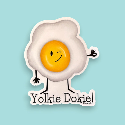 Yolkie Dokie 3" Waterproof Egg Pun Sticker - Punaballoo