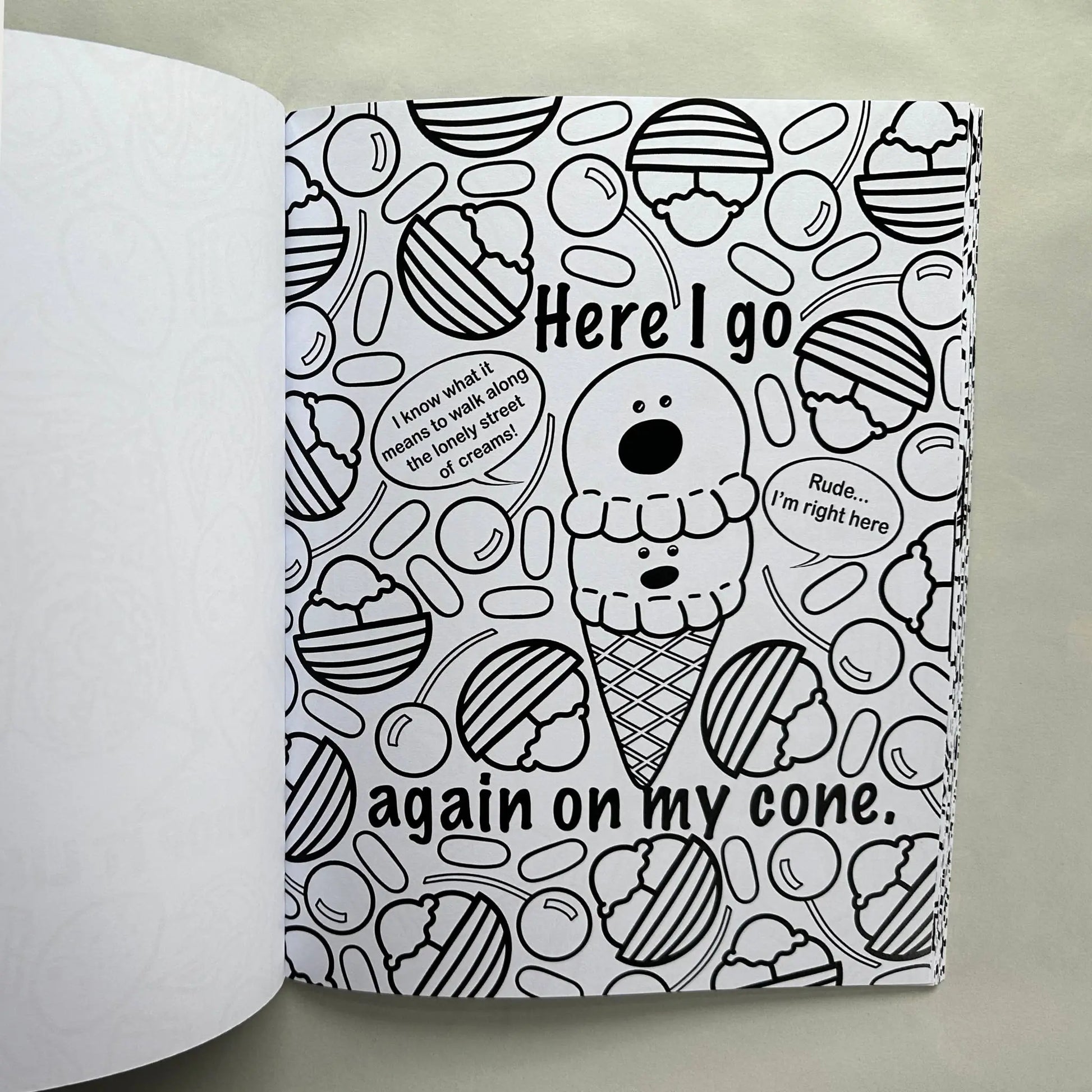 Ice cream pun coloring page Here I Go Again on My Cone from adult coloring book
