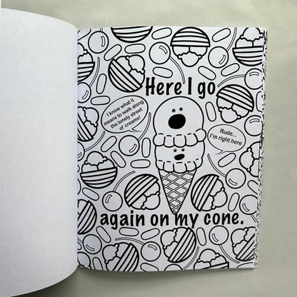 Ice cream pun coloring page Here I Go Again on My Cone from adult coloring book