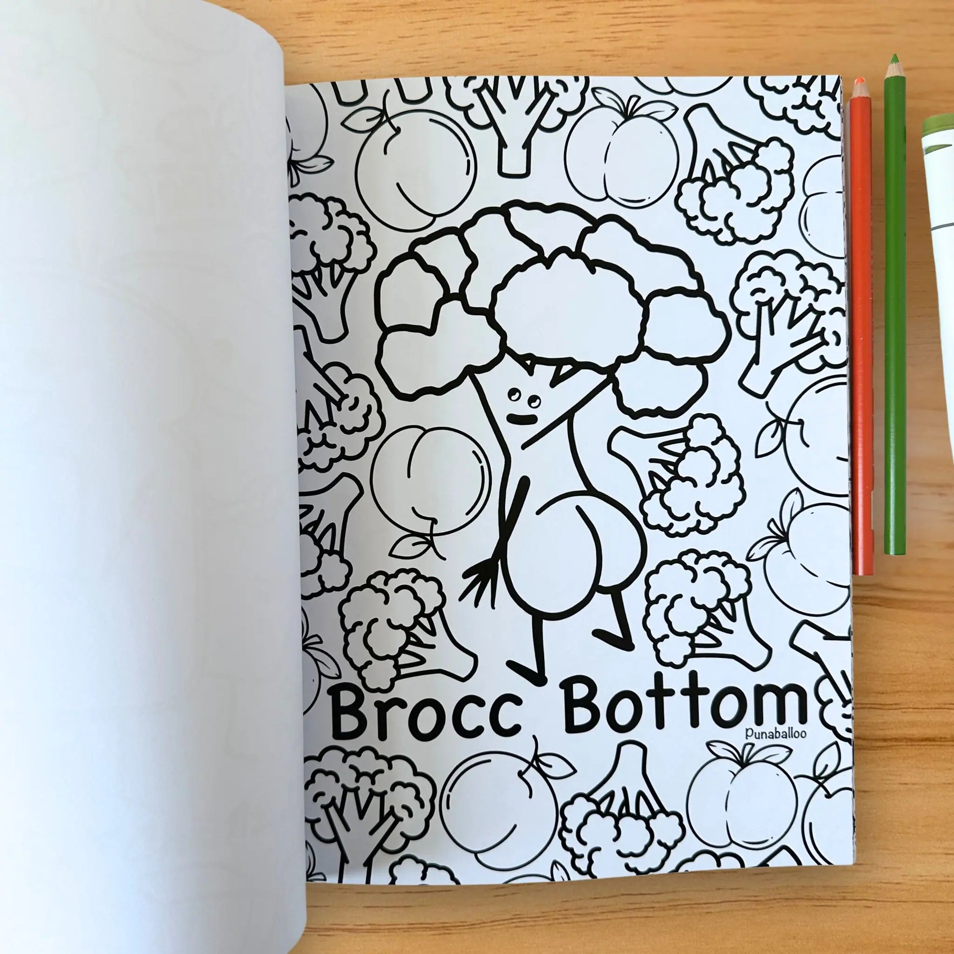 Brocc Bottom broccoli pun coloring page from Romaine Colorful adult coloring book