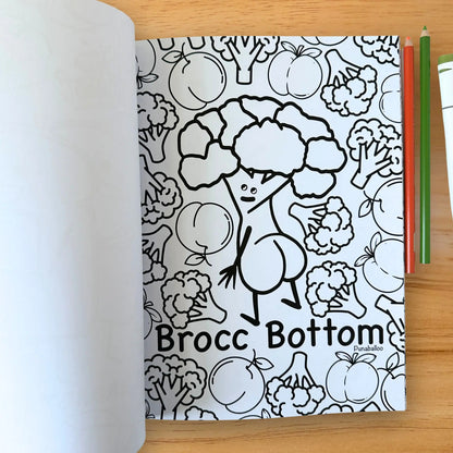 Brocc Bottom broccoli pun coloring page from Romaine Colorful adult coloring book