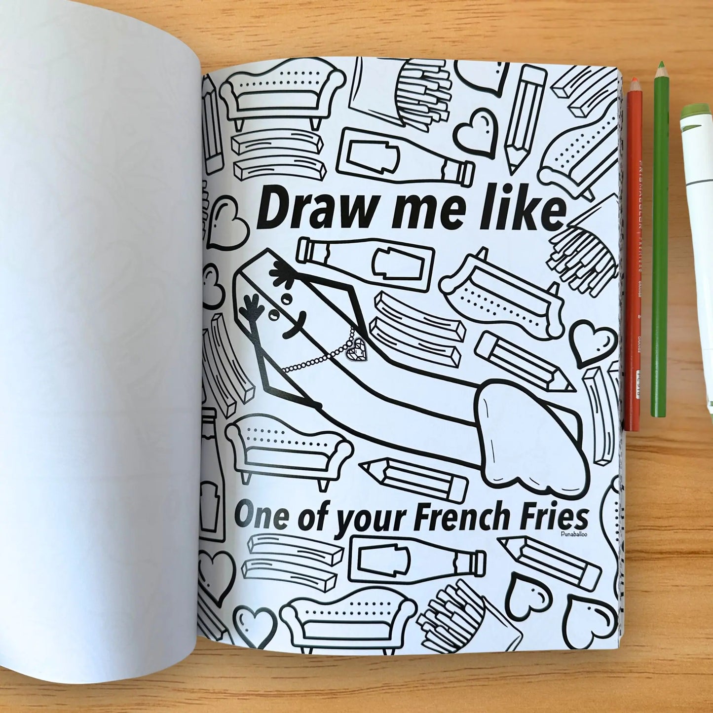 Draw Me Like One of Your French Fries pun coloring page from Romaine Colorful
