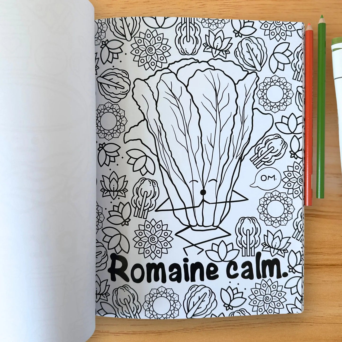 Romaine Calm lettuce pun coloring page from Romaine Colorful adult coloring book