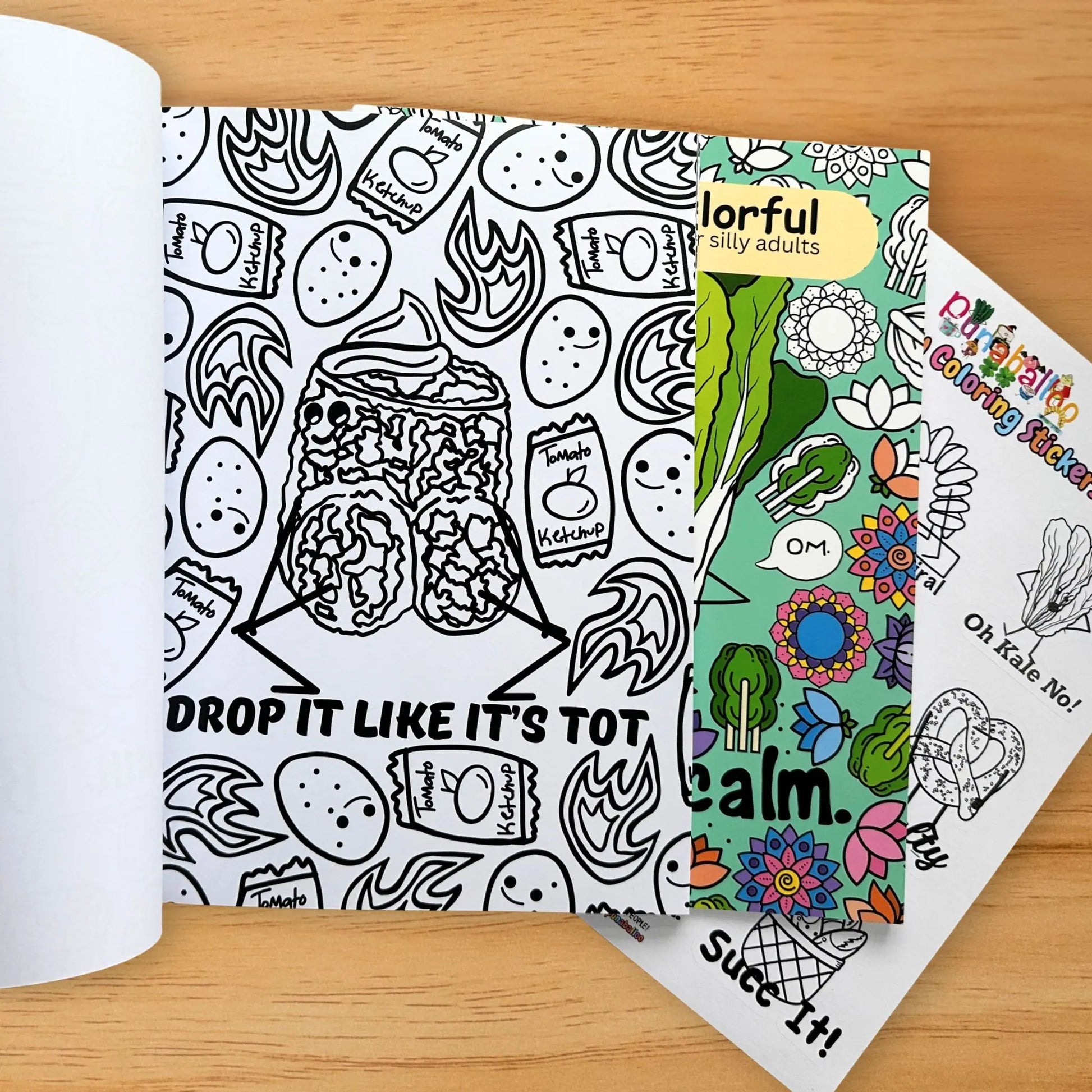 Drop It Like It’s Tot food pun coloring page from adult coloring book bundle