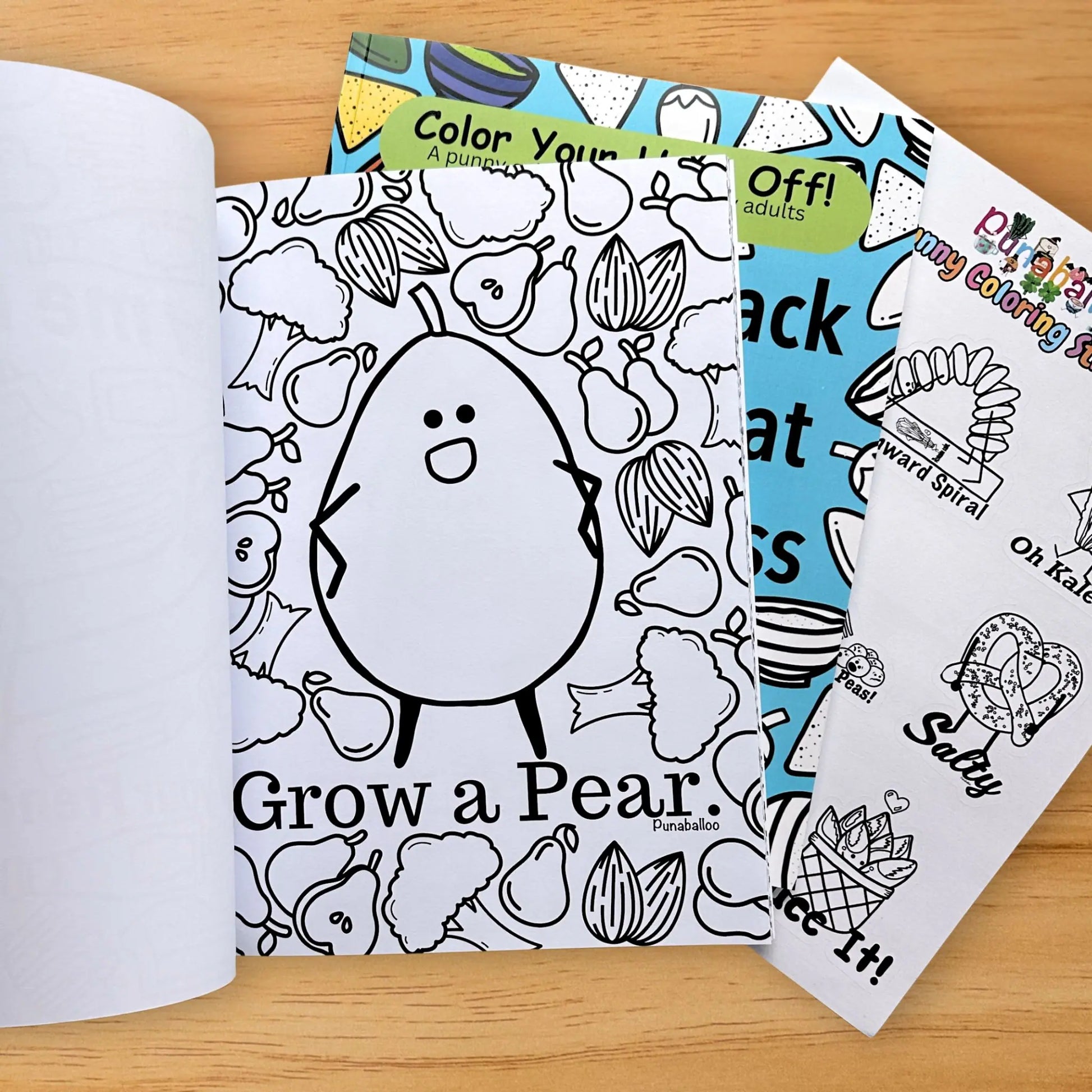 Grow a Pear fruit pun coloring page from adult coloring book bundle