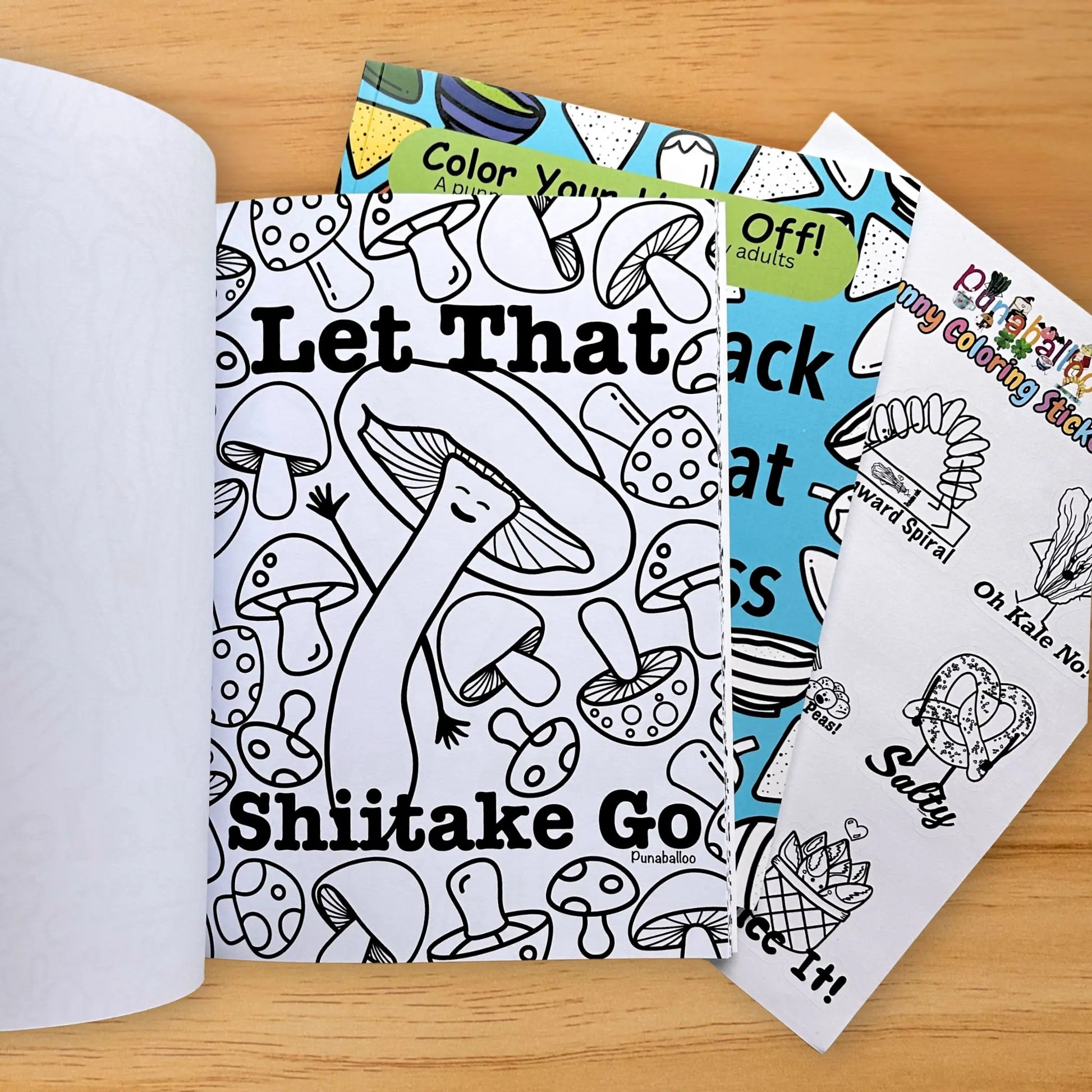 Let That Shiitake Go mushroom pun coloring page from adult coloring book bundle