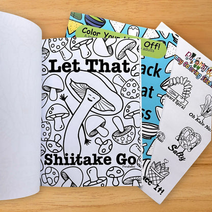 Let That Shiitake Go mushroom pun coloring page from adult coloring book bundle