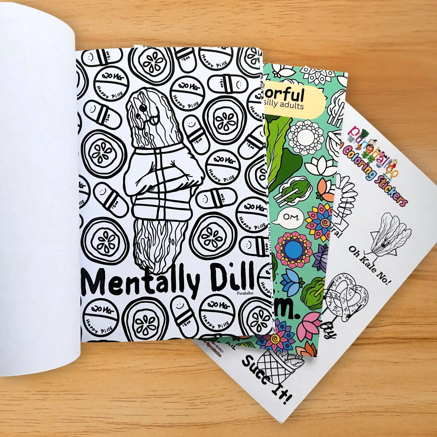 Mentally Dill pickle pun coloring page from adult coloring book bundle