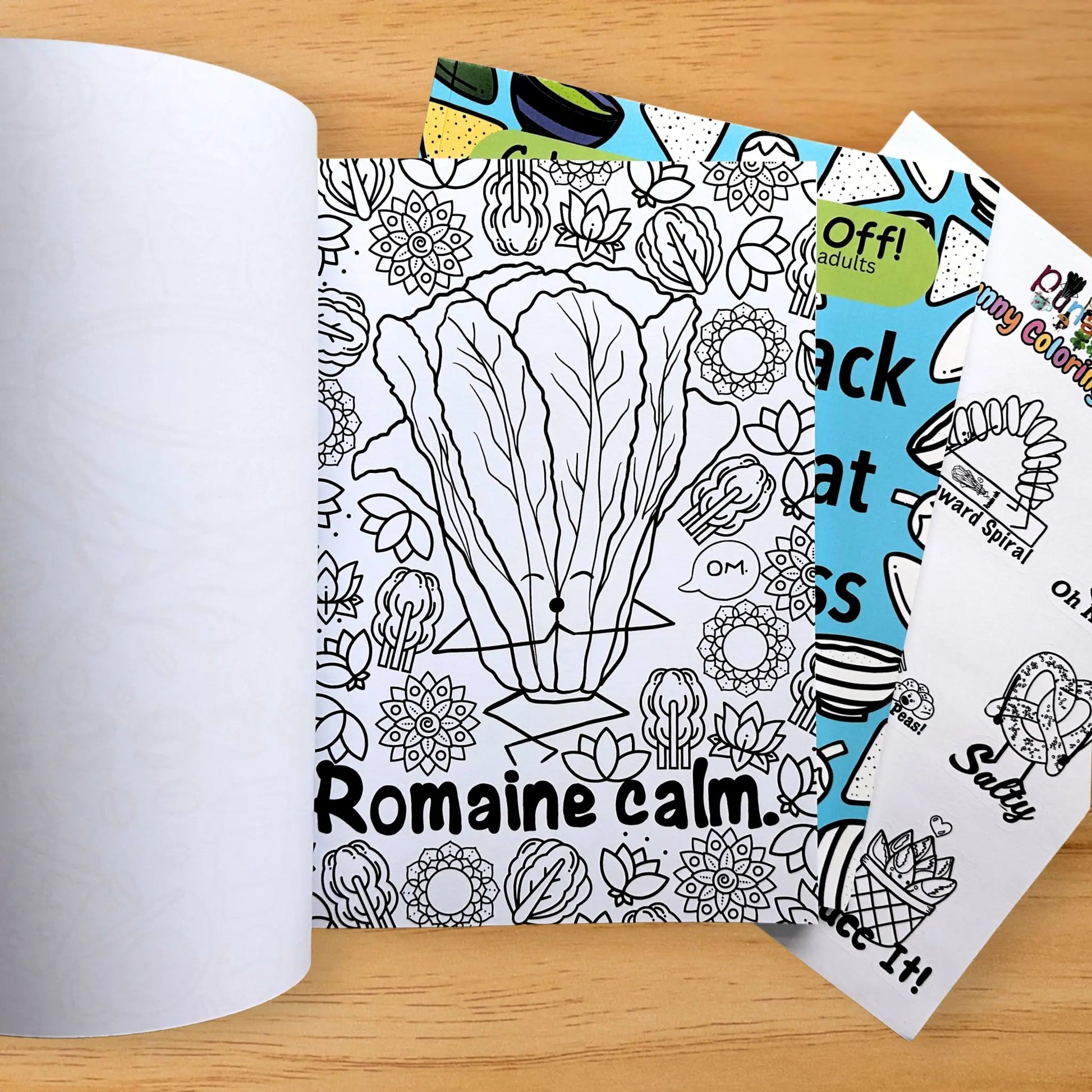 Romaine Calm lettuce pun coloring page from adult coloring book bundle