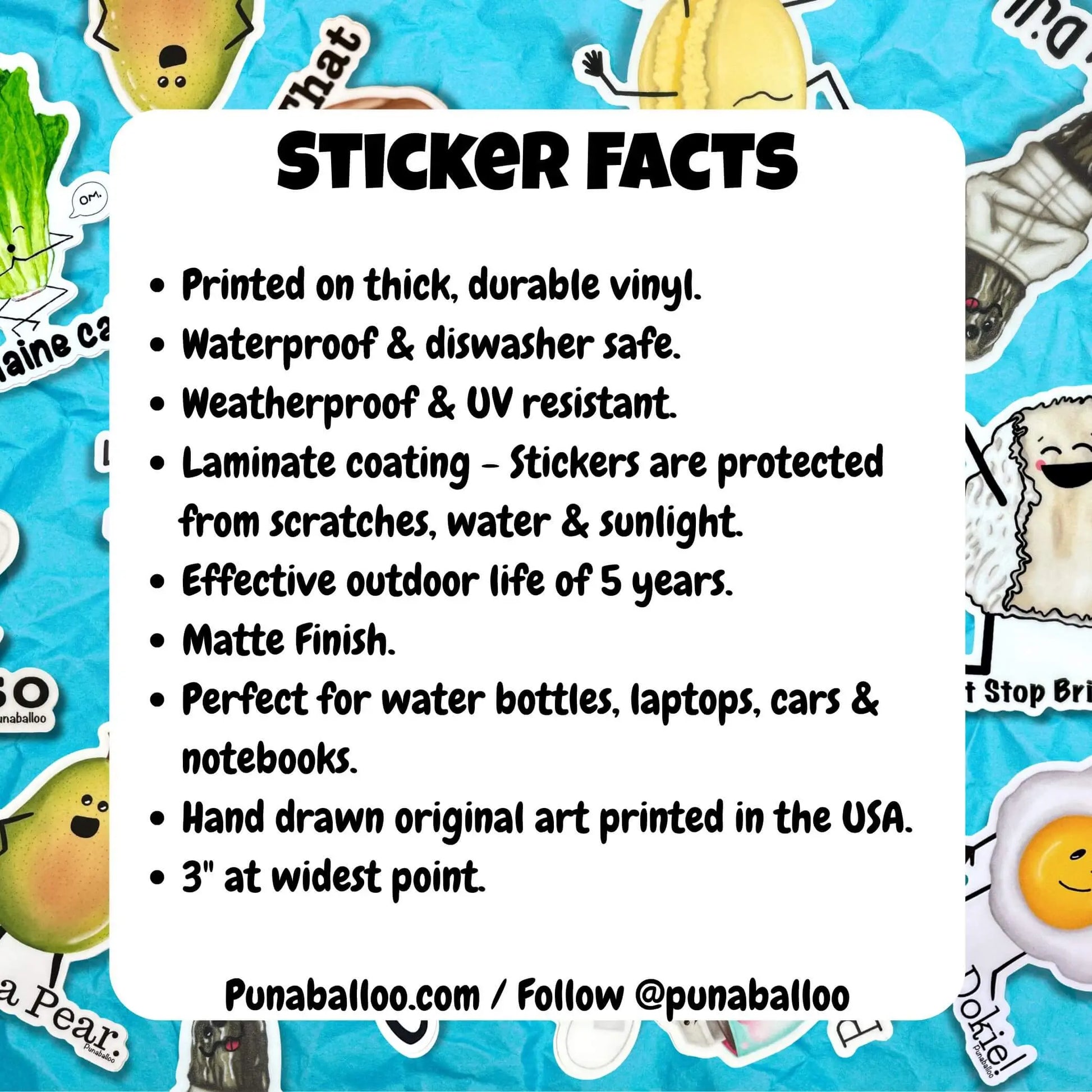 Karma is A Peach sticker facts graphic with product details