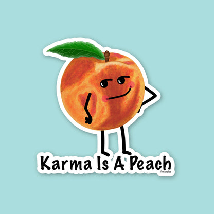 Karma Is a Peach funny peach sticker on a mint green background