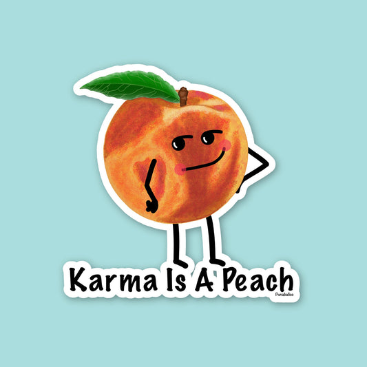 Karma Is a Peach funny peach sticker on a mint green background