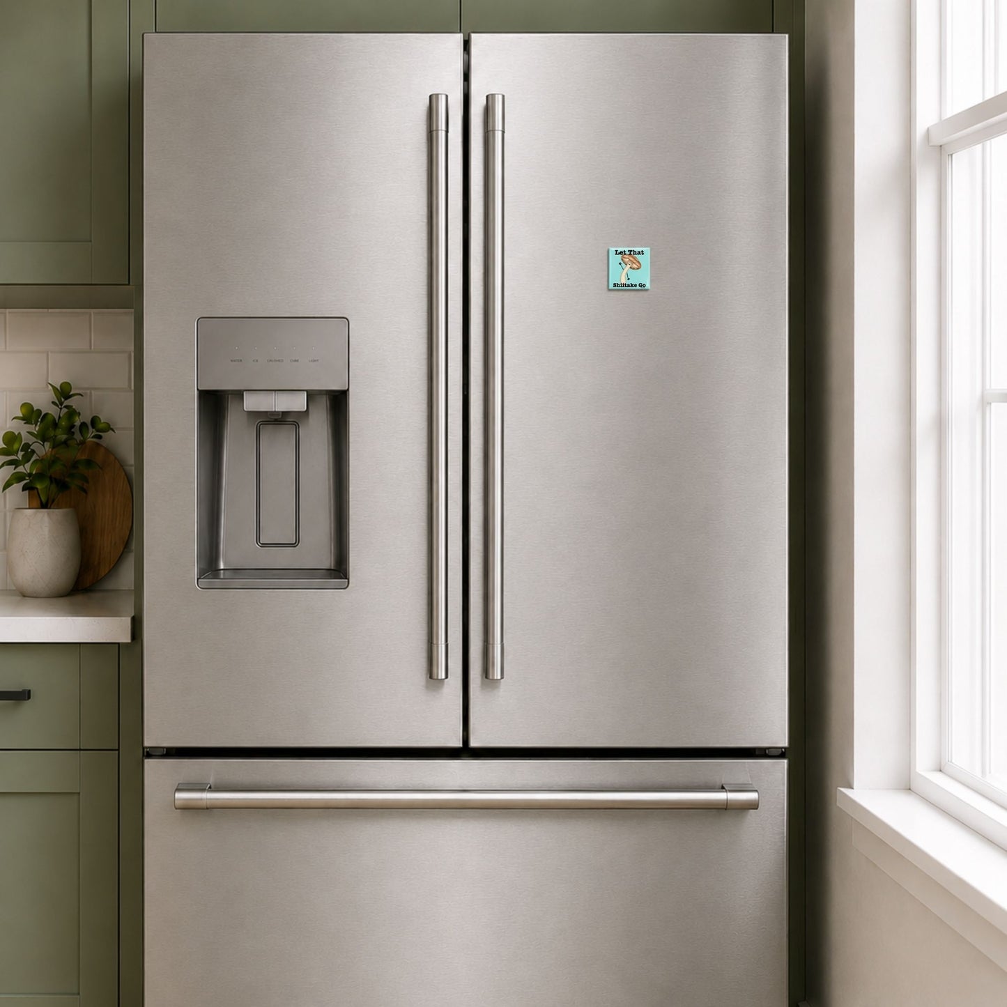 Let That Shiitake Go mushroom pun magnet on a stainless steel refrigerator