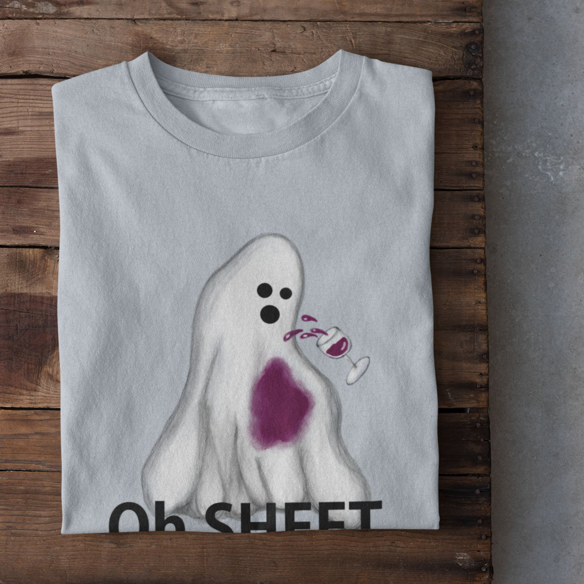 Light blue Oh Sheet ghost shirt with spilled red wine design