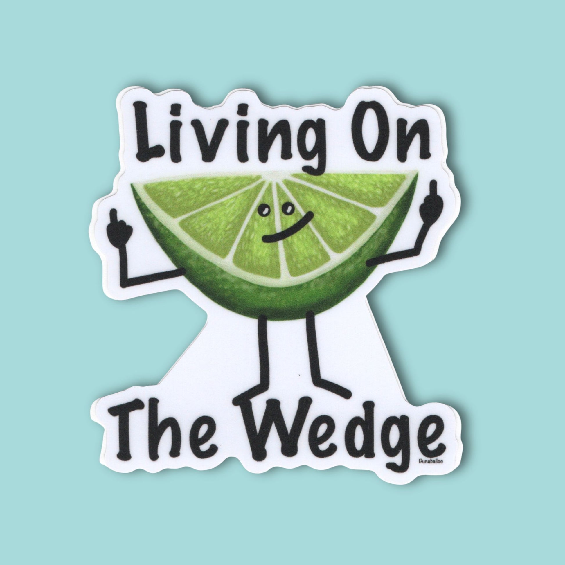 Sticker with a lime wedge character and text 'Living On The Wedge' on a light blue background