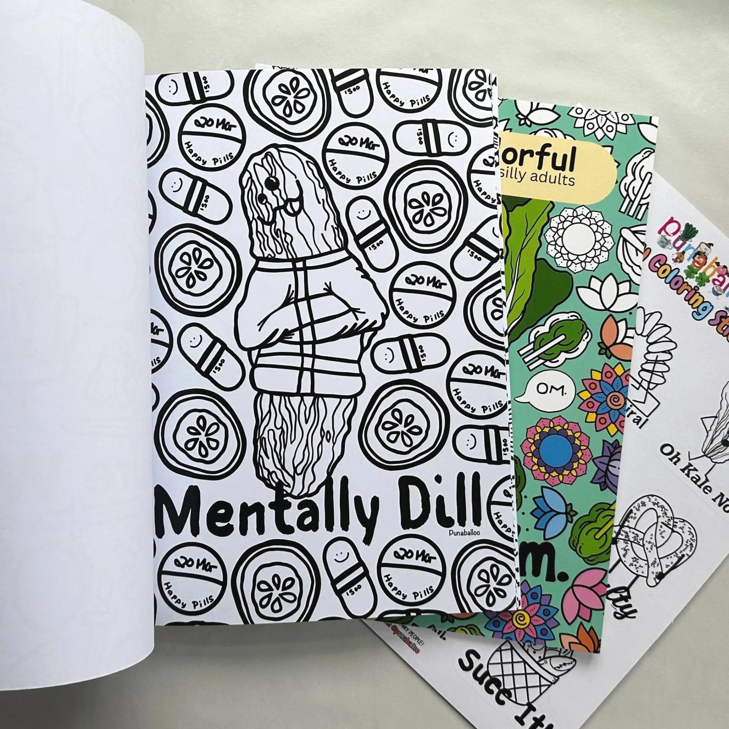 Mentally Dill pickle pun coloring page from funny adult coloring book bundle