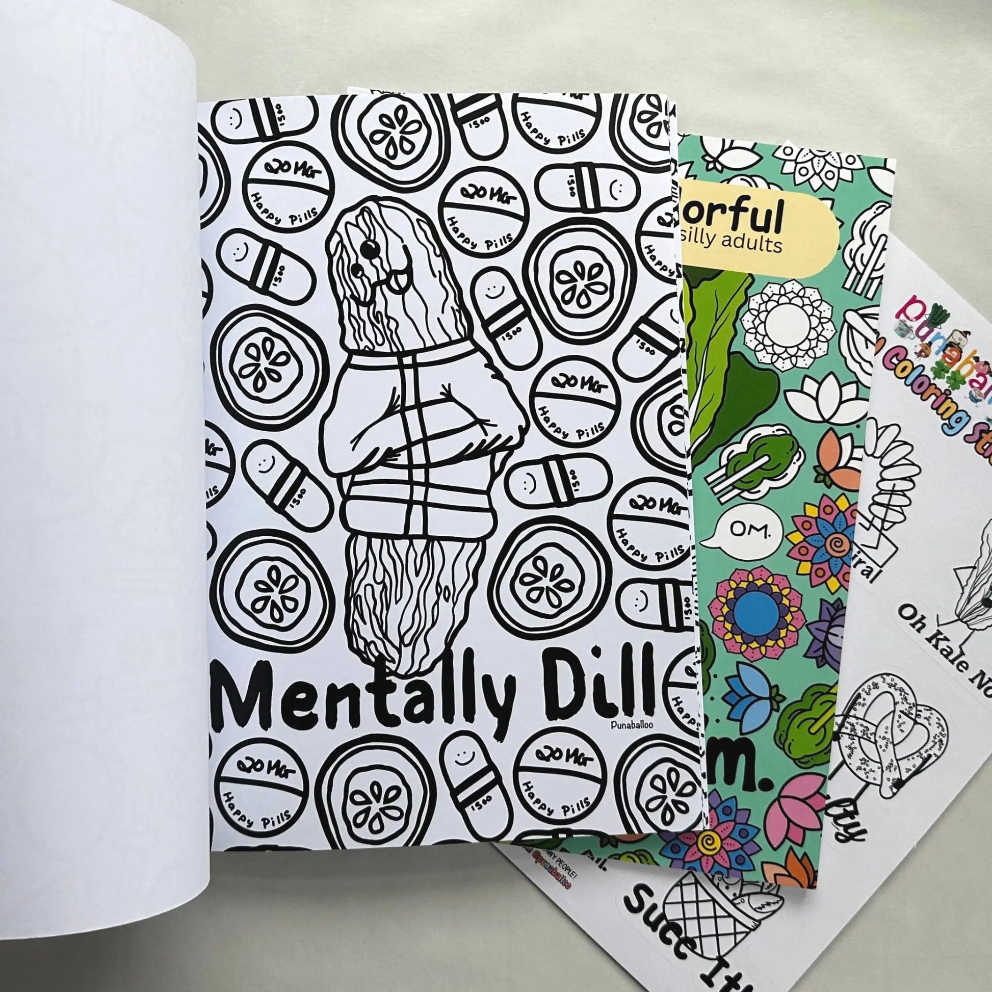 Mentally Dill pickle pun coloring page from funny adult coloring book bundle