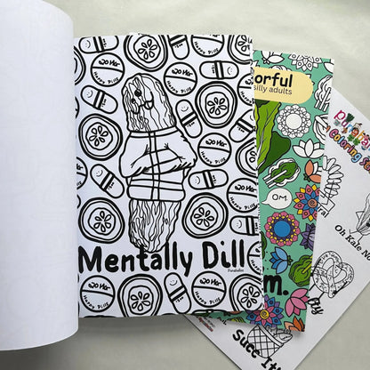 Mentally Dill pickle pun coloring page from funny adult coloring book bundle