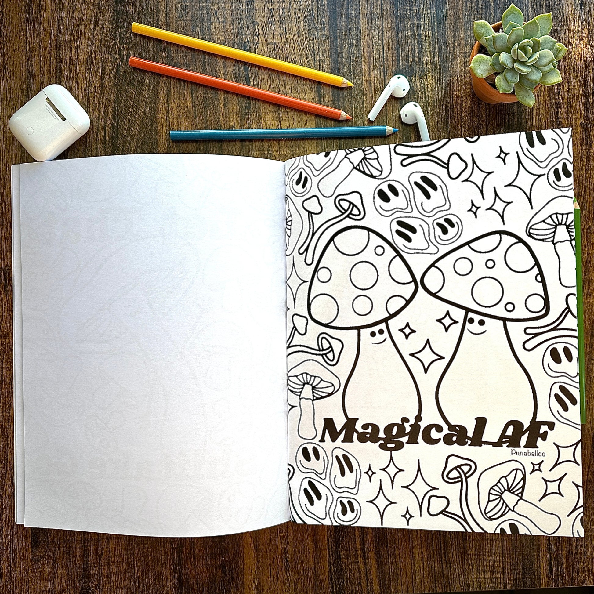 Mindfulness coloring book with foodie jokes and hand-drawn illustrations