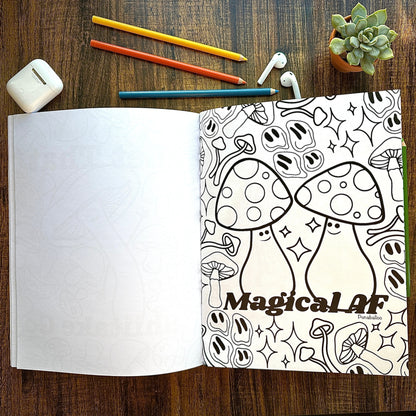 Mindfulness coloring book with foodie jokes and hand-drawn illustrations