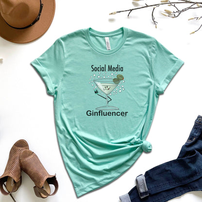 Social Media Ginfluencer T-Shirt | Funny Cocktail Pun Graphic Tee | Dirty Martini Humor Shirt | Unisex Alcohol Lover Gift | Gin Tee for Adults | Drink Pun Shirt