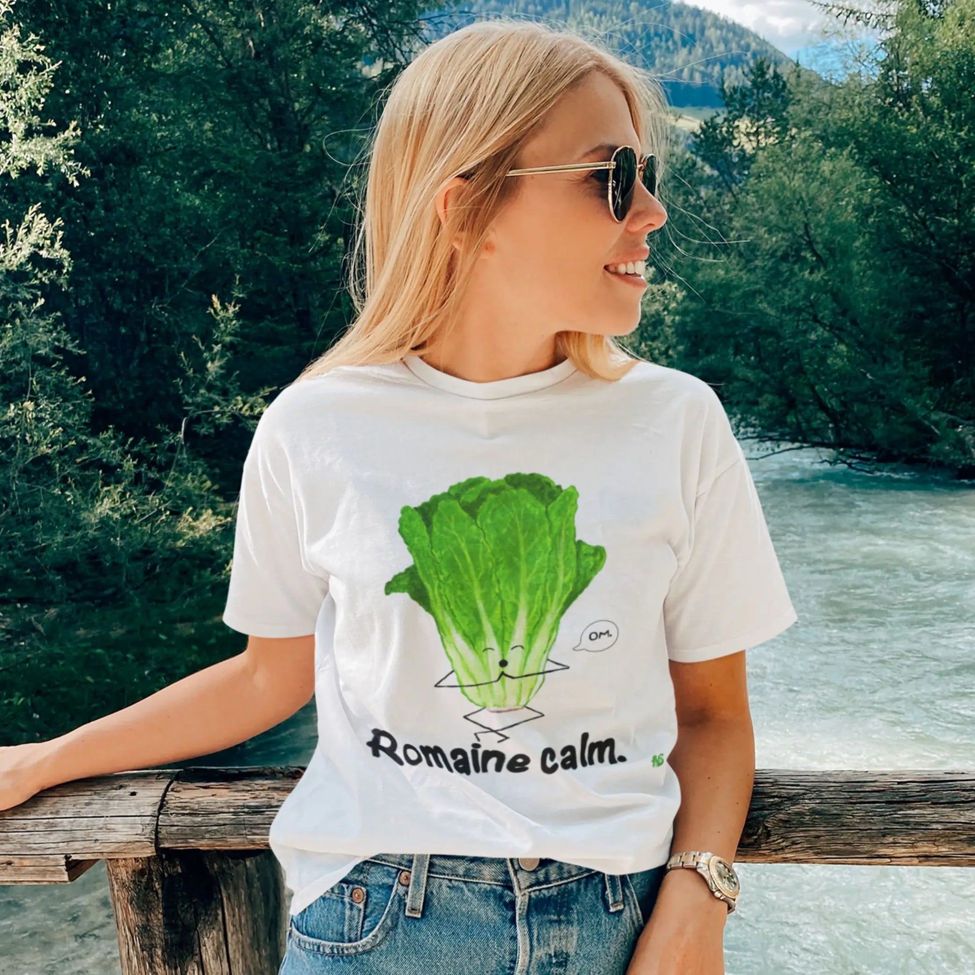 Model wearing Funny LettucePunT-Shirt Romaine Calm outdoors