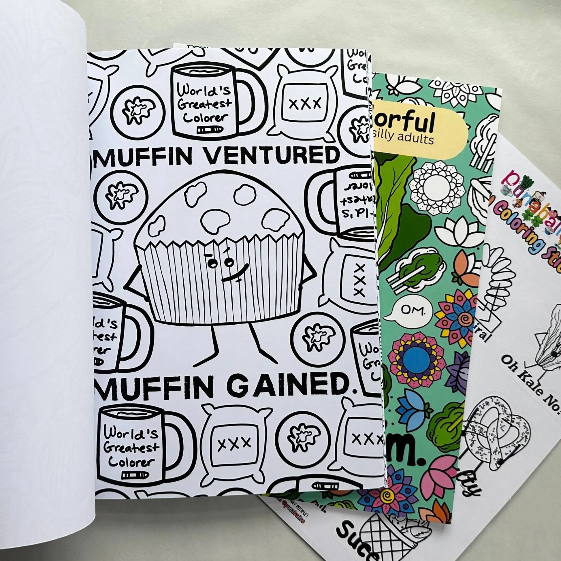 Muffin Ventured Muffin Gained muffin pun coloring page from adult coloring book bundle