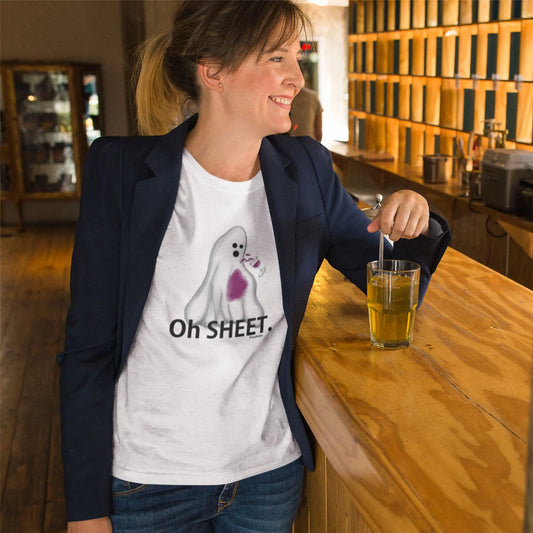Oh Sheet Ghost Pun T-Shirt Styled on a model