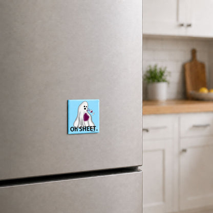 Oh Sheet funny ghost magnet on a kitchen fridge