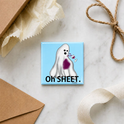 Oh Sheet ghost pun magnet in a gift flat lay