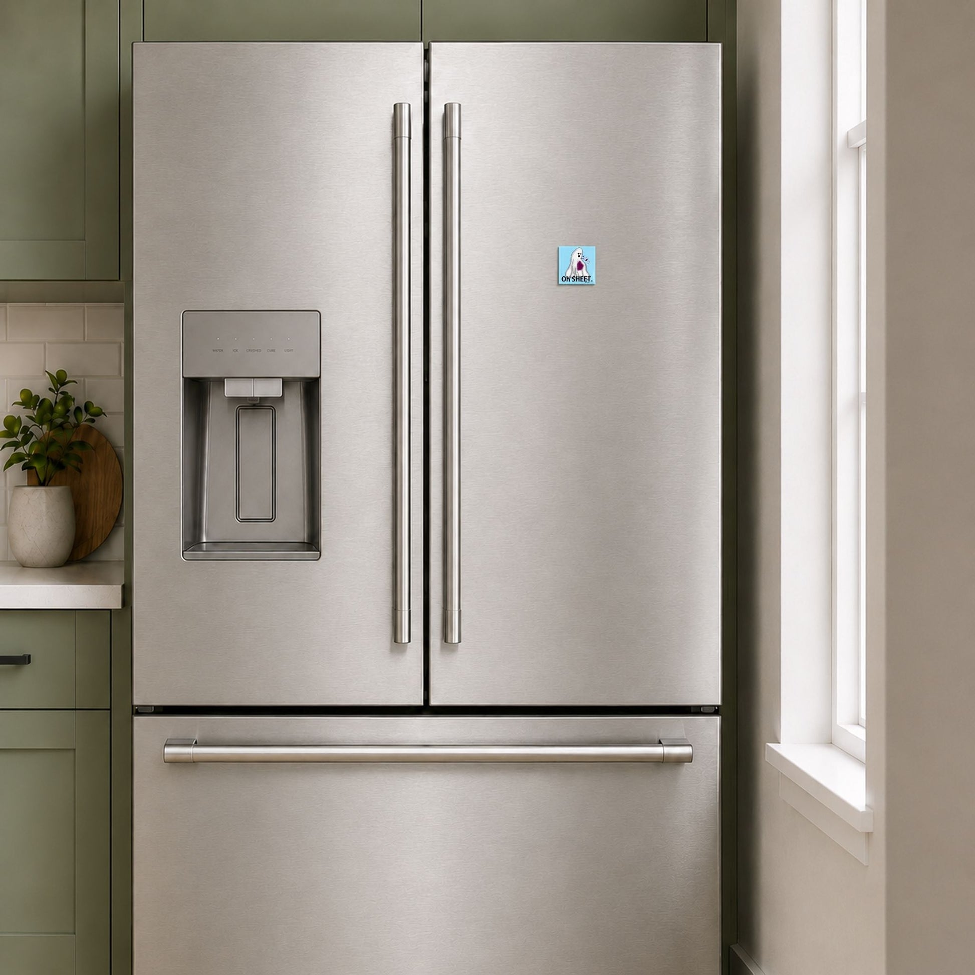 Oh Sheet magnet on a stainless steel refrigerator