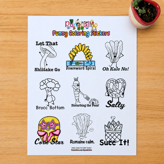 Partially colored funny food pun sticker sheet for adults with bold line art designs