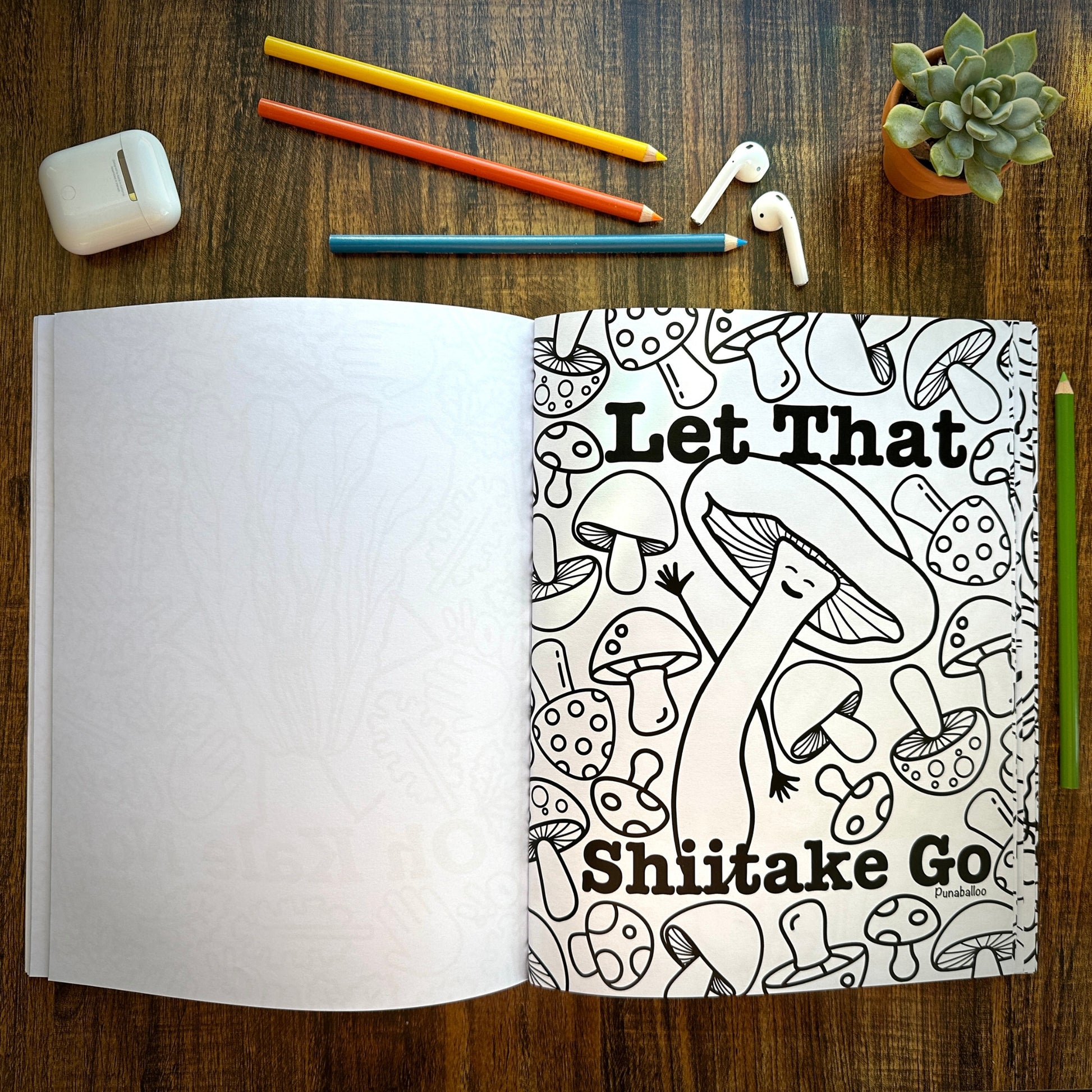 Relaxing coloring book page featuring funny puns and vegetable jokes