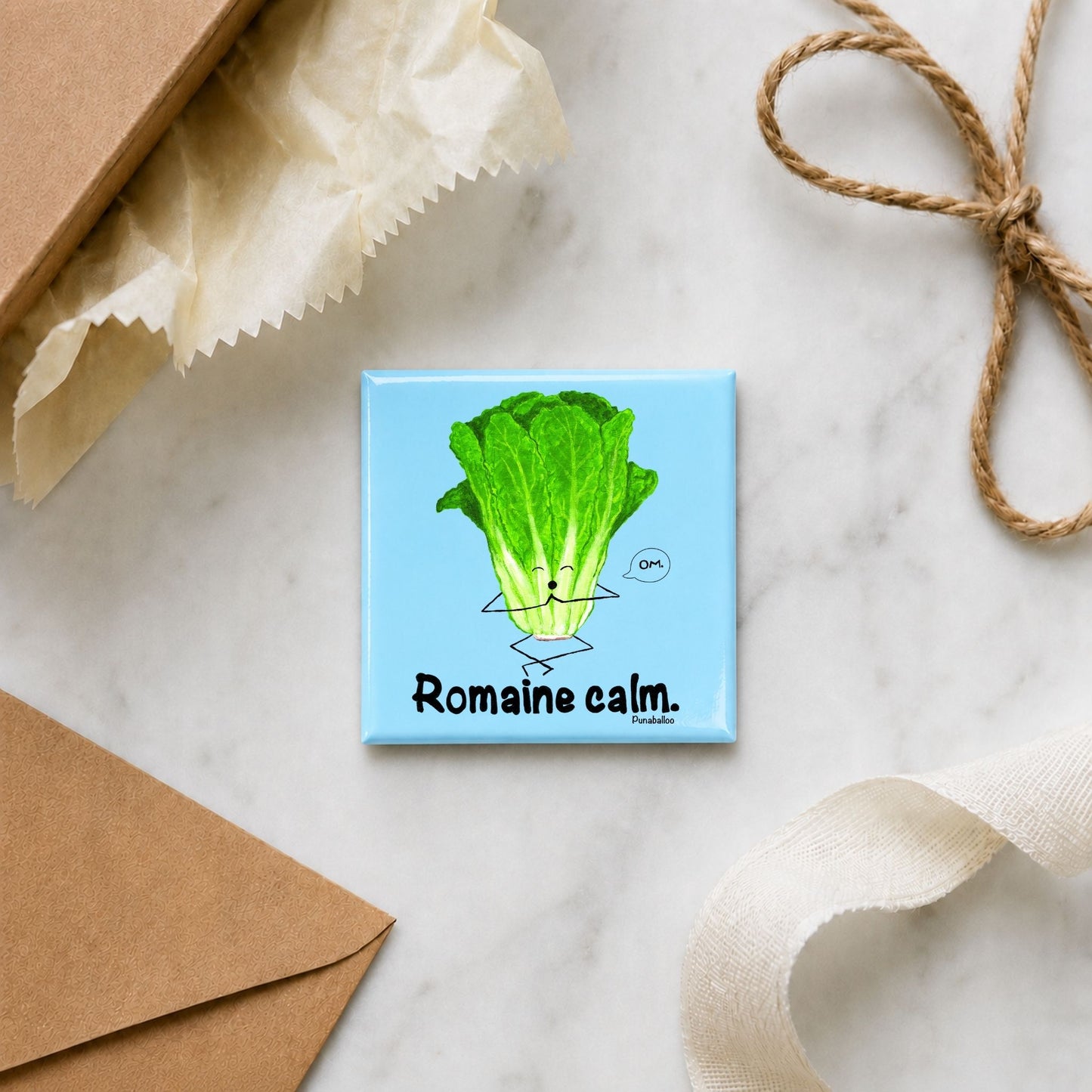 Romaine Calm funny lettuce magnet in a gift flat lay