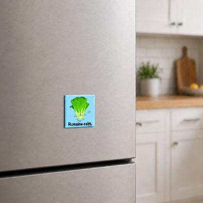 Romaine Calm funny vegetable magnet on a kitchen fridge
