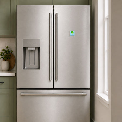 Romaine Calm lettuce magnet on a stainless steel refrigerator
