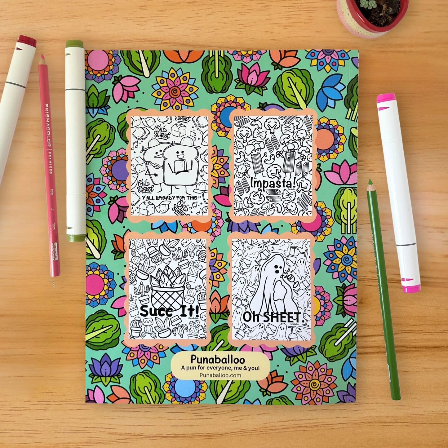 Romaine Colorful funny food pun coloring book cover flat lay with markers