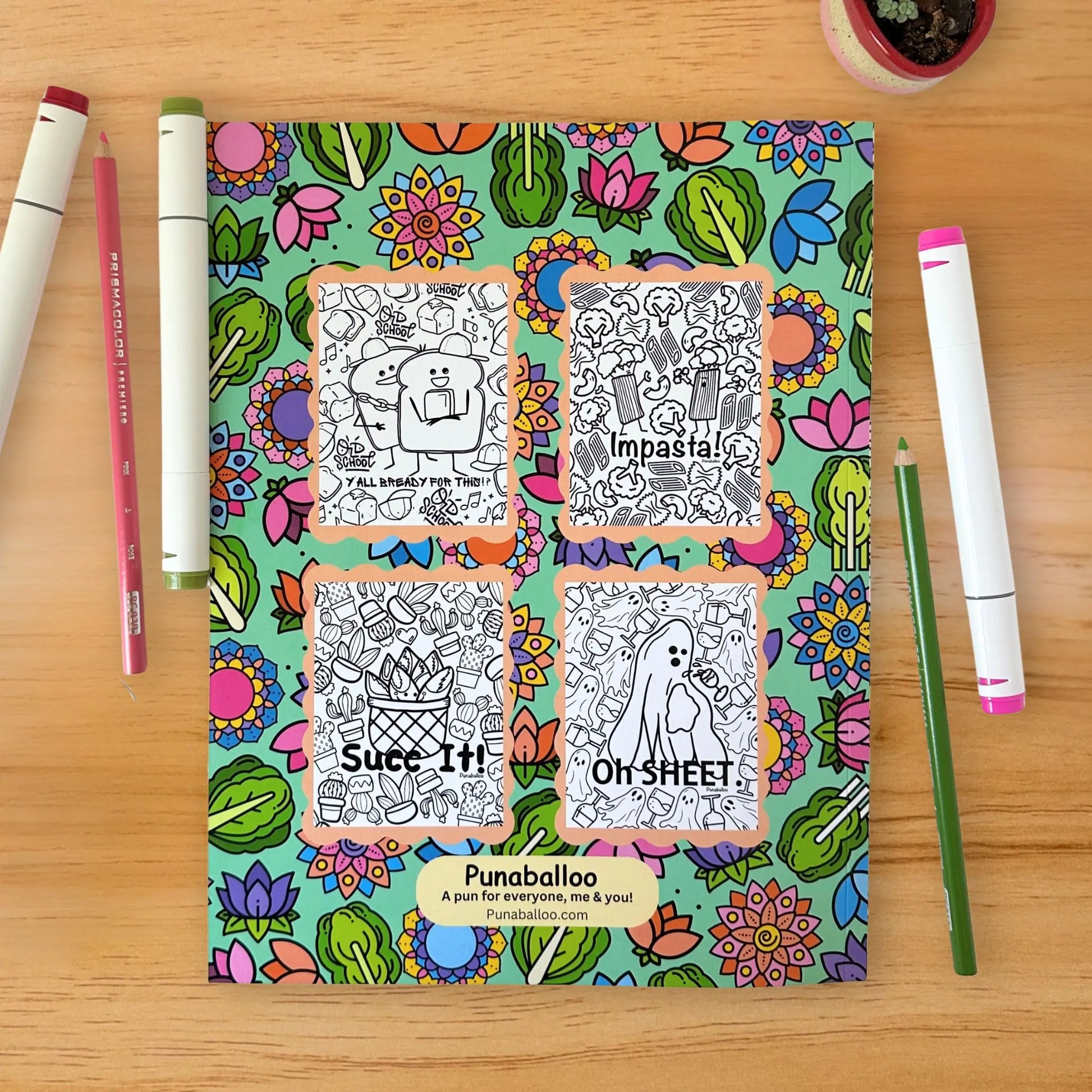 Romaine Colorful funny food pun coloring book cover flat lay with markers