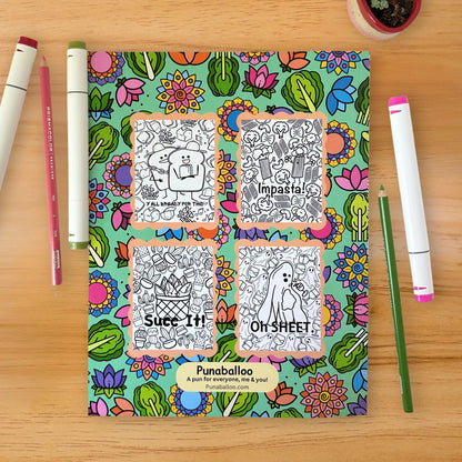 Romaine Colorful funny food pun coloring book cover flat lay with markers