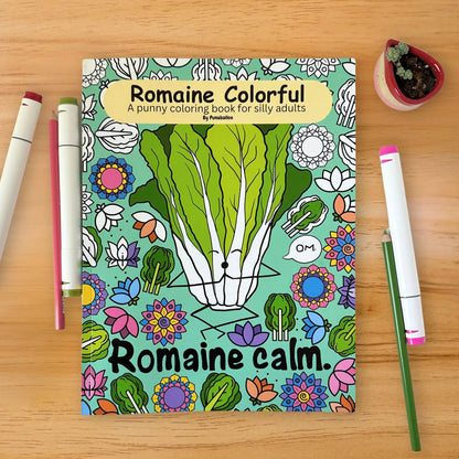 Romaine Colorful adult coloring book cover with lettuce design and markers on wood background