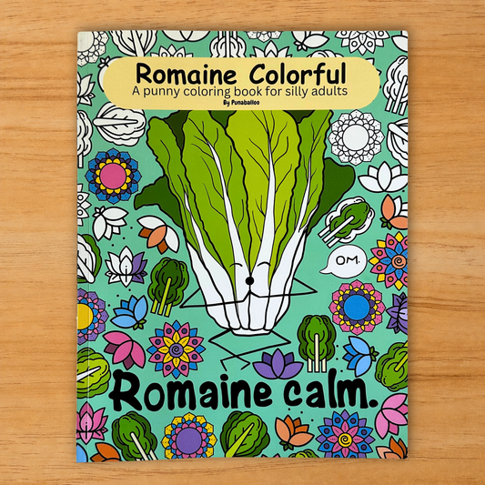 Romaine Colorful adult coloring book cover with lettuce design and markers on wood background
