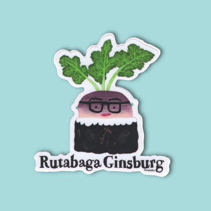 “Rutabaga Ginsburg” sticker — hand-drawn RBG veggie pun design by Punaballoo, waterproof vinyl decal for pun lovers and social justice fans.
