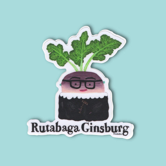 “Rutabaga Ginsburg” sticker — hand-drawn RBG veggie pun design by Punaballoo, waterproof vinyl decal for pun lovers and social justice fans.