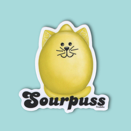 Sourpuss lemon pun sticker on a pastel blue background