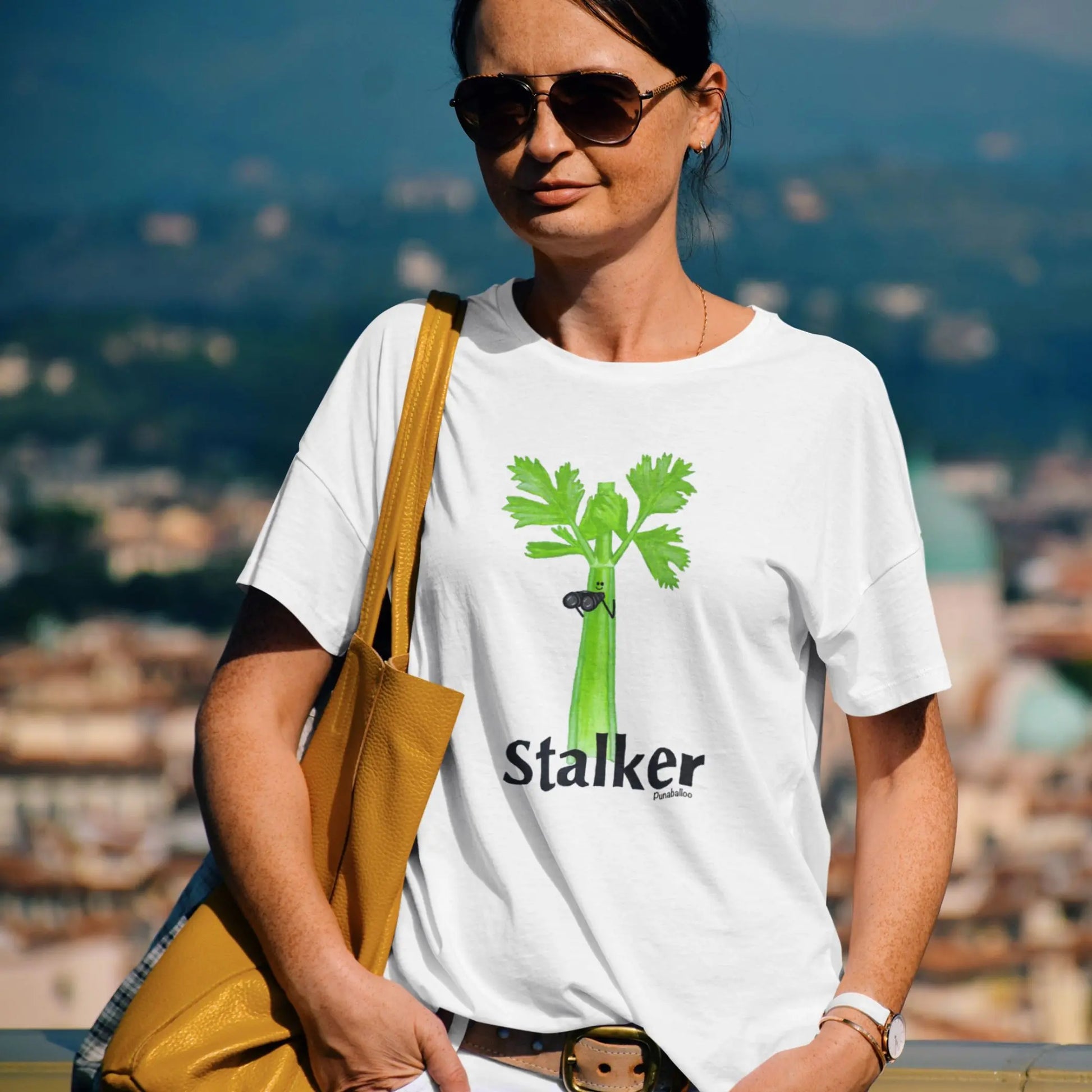 Stalker Funny Celery Pun T-Shirt Styled on a Model