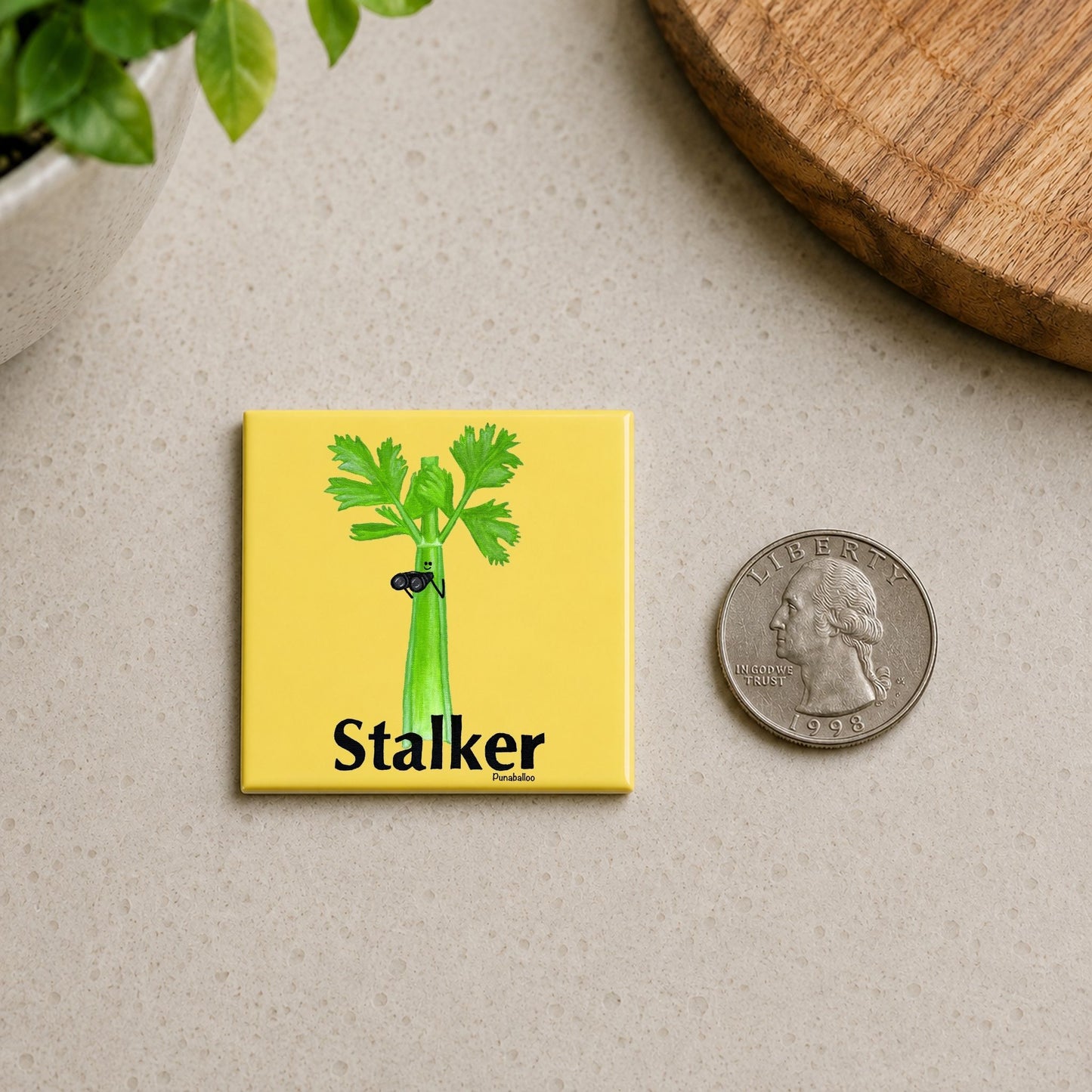  Stalker celery pun magnet on a countertop beside a quarter for size